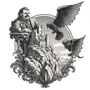 A surreal scene of Nietzsche contemplating life on a cliff overlooking a castle guarded by gargoyles tattoo design idea