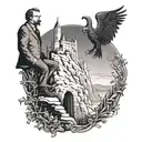 A surreal scene of Nietzsche contemplating life on a cliff overlooking a castle guarded by gargoyles tattoo design idea