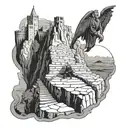 A surreal scene of Nietzsche contemplating life on a cliff overlooking a castle guarded by gargoyles tattoo design idea