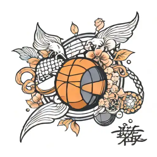 A dynamic and powerful tattoo design featuring various sports equipment like a basketball, soccer ball, and boxing gloves intertwined with elements of Japanese culture such as cherry blossoms and koi fish tattoo design idea