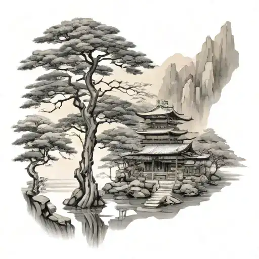 A realistic depiction of a serene Japanese landscape with a hidden figure of a bodyguard subtly integrated into the scenery tattoo design idea