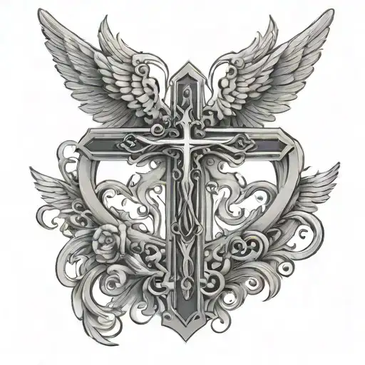 cross on the back and angels and wings tattoo design idea