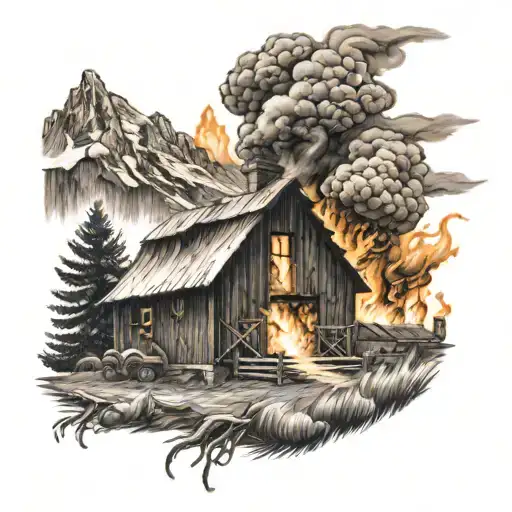 Text: "The mountain barn and the house are on fire" tattoo design idea