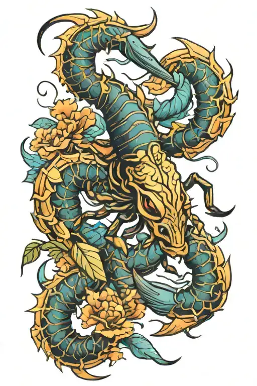 scorpion bull and fishes tattoo design idea