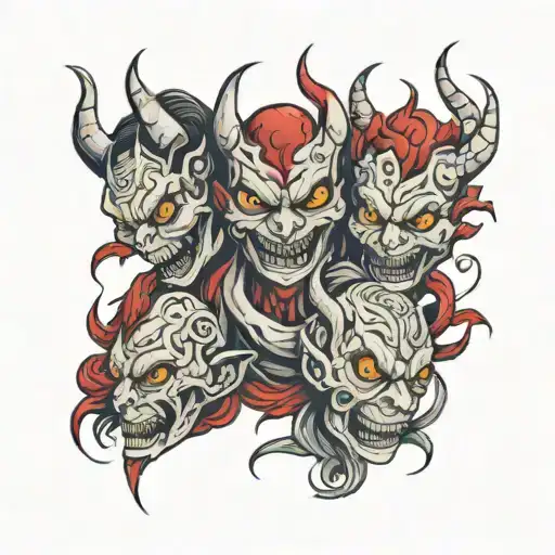 three red little demons stitching a torn skin tattoo design idea