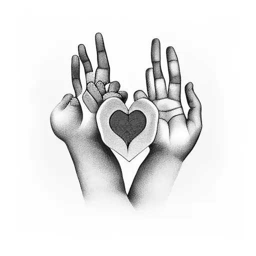 Hands of three children with heart and dumbbells tattoo design idea