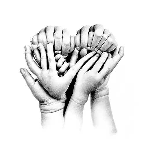 Hands of three children with heart and dumbbells tattoo design idea