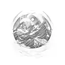 An exquisite mountain range like the swiss alps above an open book, with images of the sorting hat from harry potter, dragons, swords, a moon, stars, and magical stuff tattoo design idea