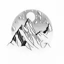 An exquisite mountain range like the swiss alps above an open book, with images of the sorting hat from harry potter, dragons, swords, a moon, stars, and magical stuff tattoo design idea