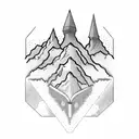An exquisite mountain range like the swiss alps above an open book, with images of the sorting hat from harry potter, dragons, swords, a moon, stars, and magical stuff tattoo design idea