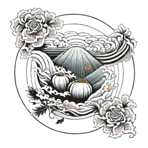 wave of kanagawa in a circle with a poppy in the perimeter tattoo design idea