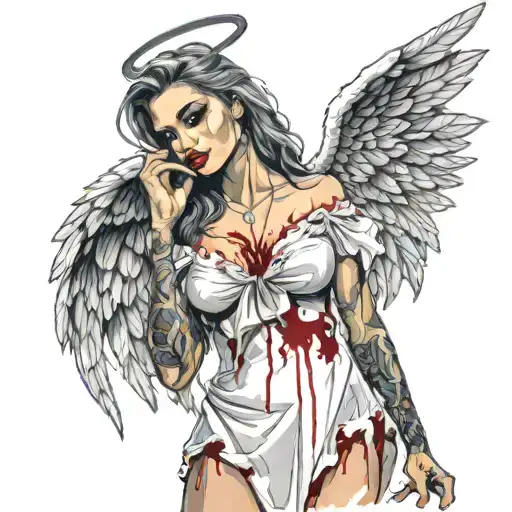 Sexy Angel Smoking Cigarette Covered in blood evil facial expression large cleavage white bloody torn dress Angel wings tattoo design idea