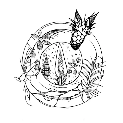 A blackwork tattoo of a moonlit forest with various plants and flowers, including a mango tree and a pineapple plant tattoo design idea