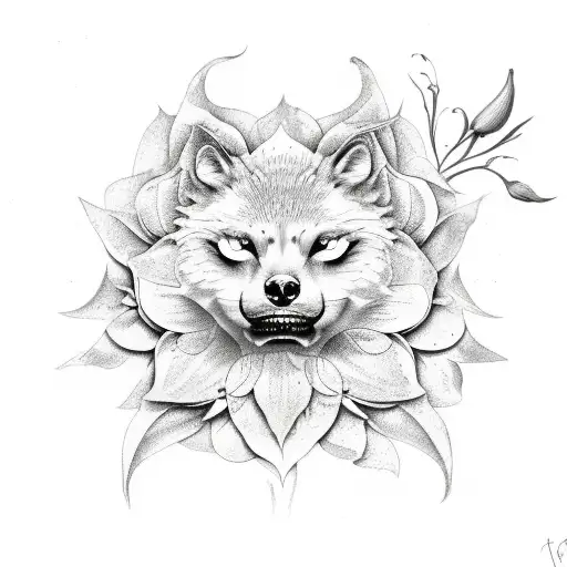 A botanical sketch of a moonflower with a wolf's face hidden within its petals tattoo design idea