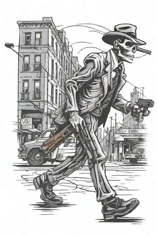 skeleton mobster holding a shotgun in the middle of a city street  tattoo design idea
