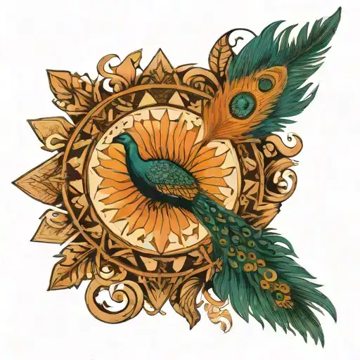 A single arrow extending from a central sun, with peacock feathers subtly integrated at the end  tattoo design idea