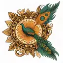 A single arrow extending from a central sun, with peacock feathers subtly integrated at the end  tattoo design idea