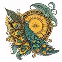 A single arrow extending from a central sun, with peacock feathers subtly integrated at the end  tattoo design idea