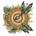 A single arrow extending from a central sun, with peacock feathers subtly integrated at the end  tattoo design idea