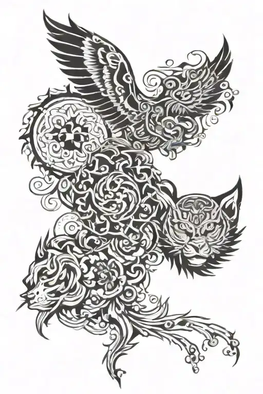 Russian, chinese, Kazakh cultural fusion elements for couple tattoo design along spinal cord  tattoo design idea