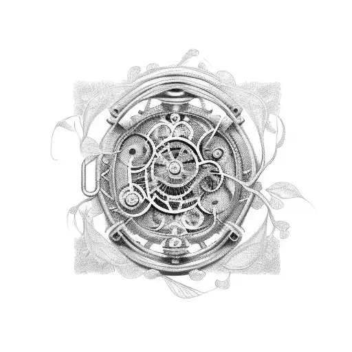 An intricate clockwork mechanism with vines and leaves intertwined tattoo design idea