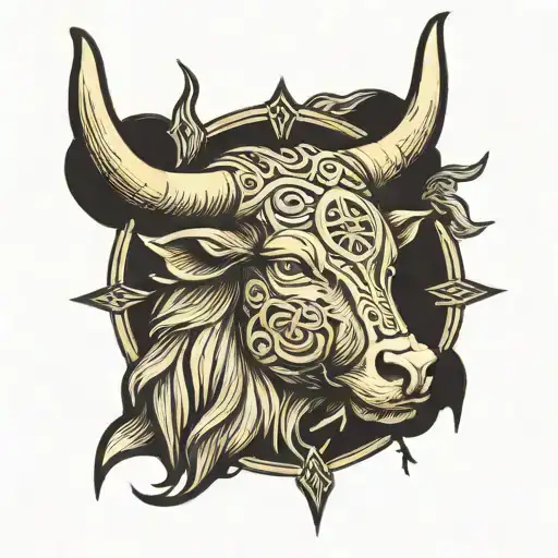 Golden-horned bull with the rune of a brave man tattoo design idea