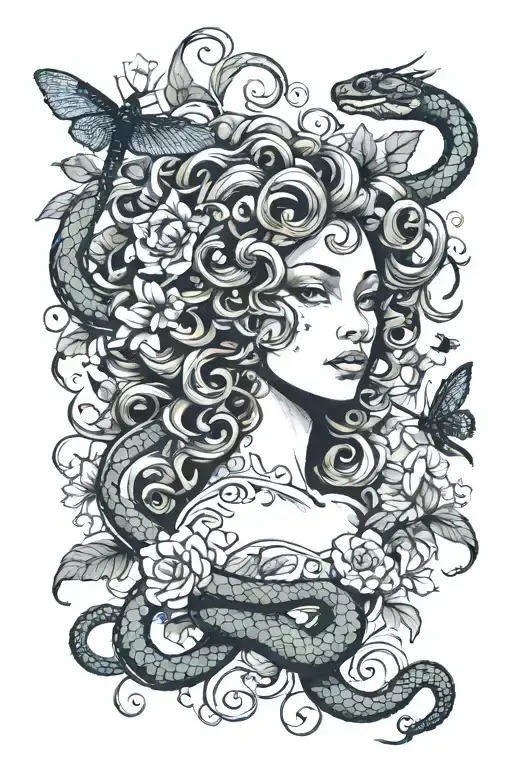 medusa with snake hair with blooming flowers and dragonflies  tattoo design idea