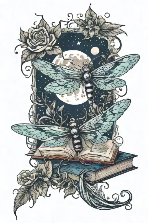 An book entwined with blooming flowers and dragonflies under a full moon tattoo design idea