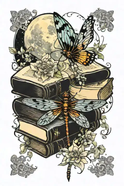 An book entwined with blooming flowers and dragonflies under a full moon tattoo design idea
