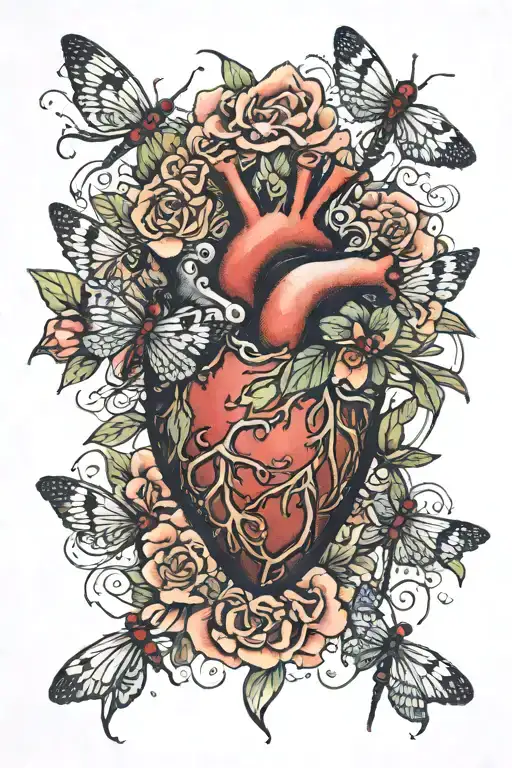 An anatomical heart entwined with blooming flowers and dragonflies under a full moon tattoo design idea