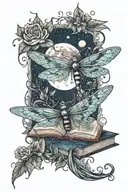 An book entwined with blooming flowers and dragonflies under a full moon tattoo design idea
