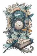 An book entwined with blooming flowers and dragonflies under a full moon tattoo design idea