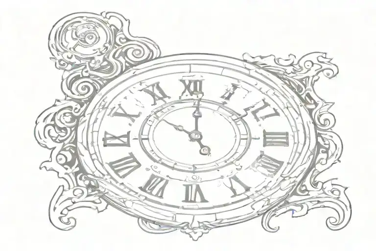 broken clock face at 11:09  with scroll below  tattoo design idea