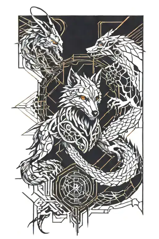 wolf fights dragon tattoo design idea