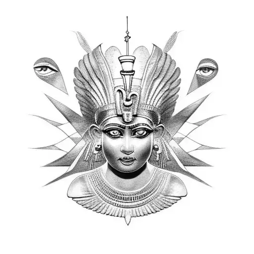 Tutu of the Egyptian goddess Isis in black and white with the sun in the background and a cracked face tattoo design idea