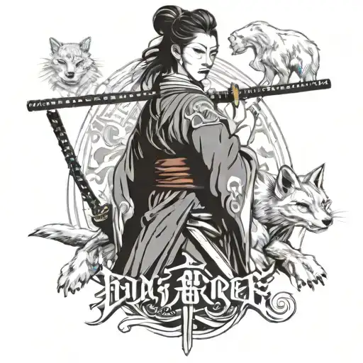 samurai woman with kitsune mask in her hand the other hand unsheathing a katana with the name Dolores at her side a whit tattoo design idea
