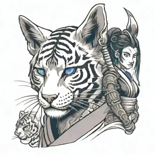 Female samurai with kitsune mask split in two accompanied by a samurai with a white tiger head with blue eyes tattoo design idea