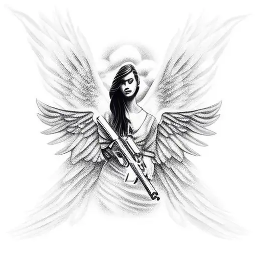 angel with tec 9 flying on clouds. Make background look like a bandana theme. Make it like upper sleeve  tattoo design idea