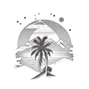 Cardinal points with palm trees, mountain, sun and beach tattoo design idea