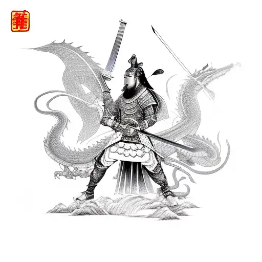 beautiful Chinese warrior with sword covering half of face with dragon in background tattoo design idea