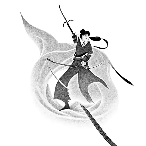 A silhouette of Mulan holding a sword with a dragon flying above tattoo design idea