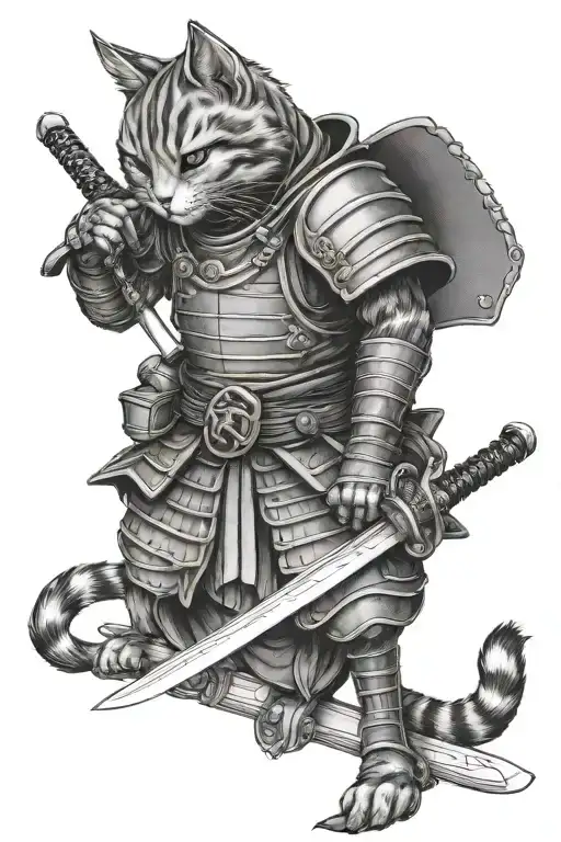 cat samurai in full armor, holding a sword with 2 hands tattoo design idea