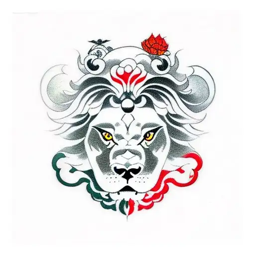 chinese lion dog guardian black and red sakura blossom full sleeve tattoo design idea