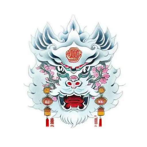 chinese guardian lions with sakura blossoms and beautiful colours a little bit aggressive looking full sleeve tattoo design idea