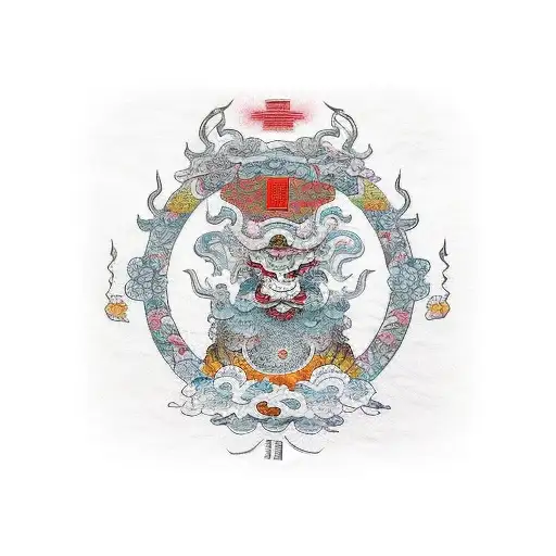 chinese guardian lions with sakura blossoms and beautiful colours a little bit aggressive looking tattoo design idea