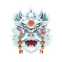 chinese guardian lions with sakura blossoms and beautiful colours a little bit aggressive looking full sleeve tattoo design idea