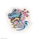 chinese guardian lions with sakura blossoms and beautiful colours a little bit aggressive looking full sleeve tattoo design idea