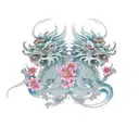 chinese guardian lions with sakura blossoms and beautiful colours a little bit aggressive looking full sleeve tattoo design idea