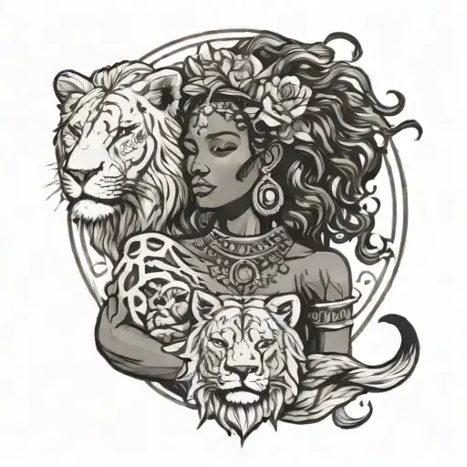black goddess holding a lion head tattoo design idea