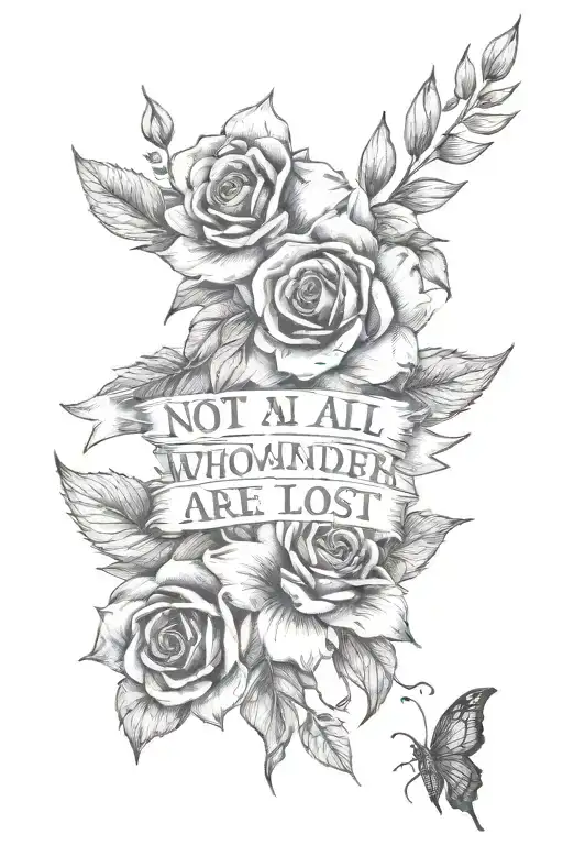 A combination of floral elements and the quote 'not all who wander are lost' in a black-grey style tattoo design idea
